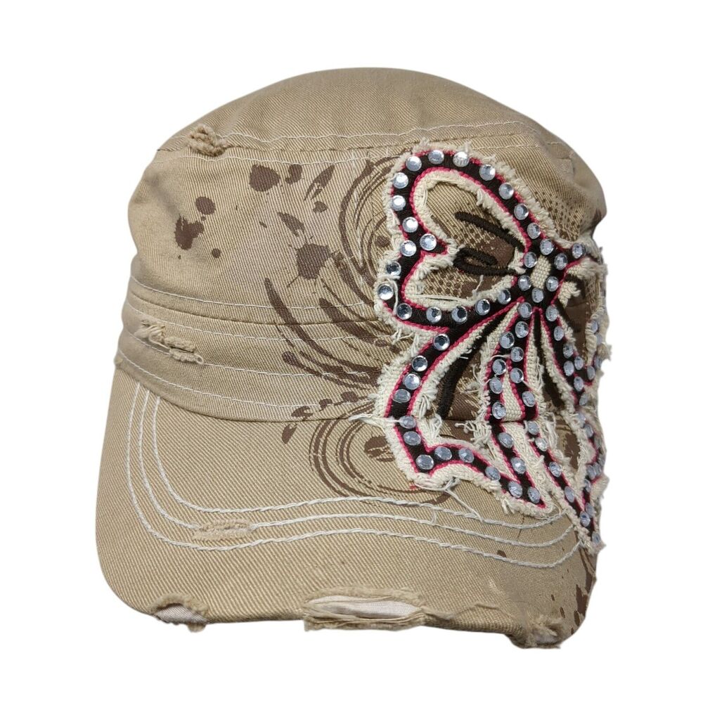 Leader Stretch Fitted Cadet Army Cap Hat Tan One Size Bow Rhinestone